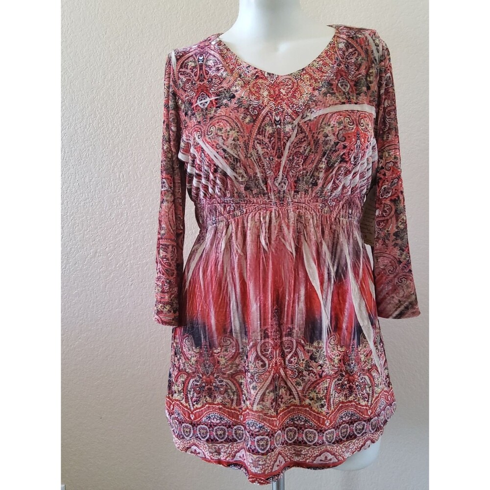 NWT One World Rust Paisley Velvet Smocked Boho Tunic Topโ Size L